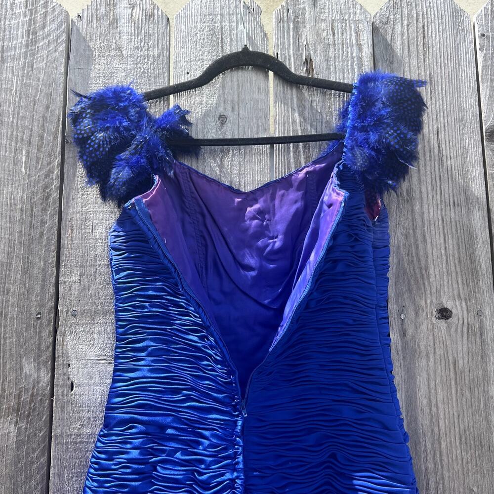 Vtg 80s Custom Made Cobalt Blue Feather Cocktail Dress Ruched Mini Showgirl S/M - Picture 6 of 10